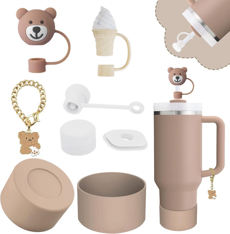 vikgle Stanley Cup Accessories Set,Including 2 Pcs 0.4in Straw Cover, 1 Silicone Spill-Proof Stopper Set of 3, 1 Cute Bear Handle Charm, 1 Silicone Boot Fits Stanley 40&30 Oz Tumbler (Almond Rose) - Image 1